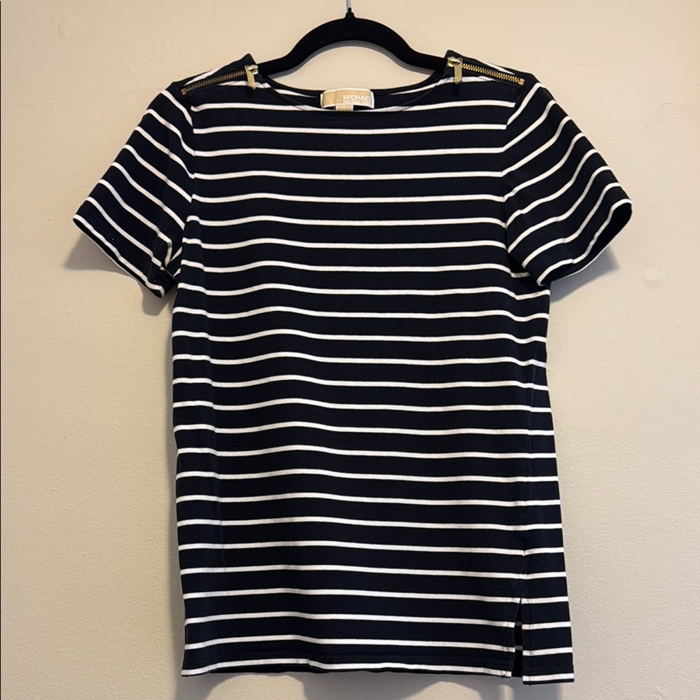 Michael Kors Navy and White Striped T shirt with Gold zipper details
